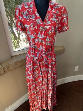 80s 90s does 40s Red Printed Maxi Dress with Self-Tie Waist Pearl Snap Cowboy